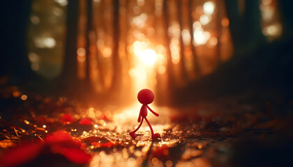 A whimsical red stick figure standing in the center of the frame. The stick figure has a round head, a simple and playful body shape that conveys a sense of motion - obrazy, fototapety, plakaty
