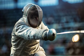 Man in a fencing suit and mask stabs an opponent with a sword.