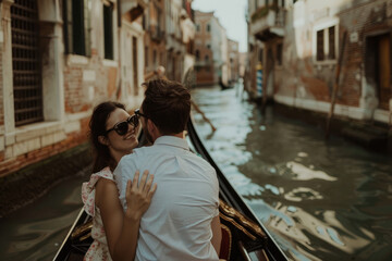 pareja disfrutando de un paseo en góndola por los canales de Venecia  - obrazy, fototapety, plakaty
