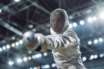 Man wearing a fencing suit with sword in hand at the fencing competition. Sport and healthy lifestyle concept.