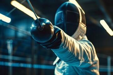 Fencing. Close-up of a young female fencer in a white fencing suit holding a sword.