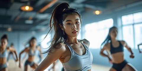 Asian girl executing contemporary dance in a fitness studio alongside fellow dancers, Generative AI  - obrazy, fototapety, plakaty