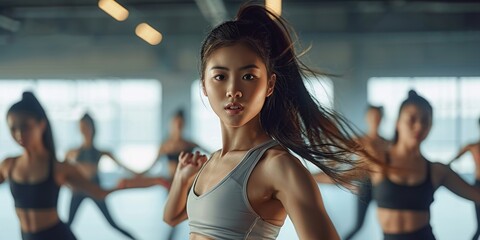 Asian girl executing contemporary dance in a fitness studio alongside fellow dancers, Generative AI 