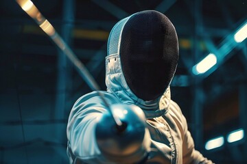 Fencer in a black helmet with a sword in his hands
