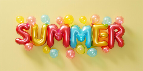 Text "summer" in multicolored inflated letters made from balloons on a light yellow background, banner, summer holidays.