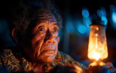 Fototapeta premium A woman with a lantern in her hand. She is looking at the camera. The lantern is lit and the light is shining on her face