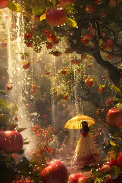 Diorama of Snow White and the seven dwarfs playing in an apple orchard during rain.