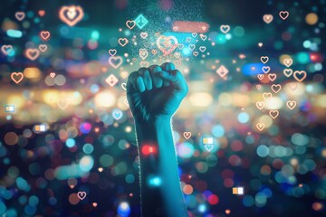 A fist thrust upwards surrounded by sparkling social media likes and hearts against a colorful bokeh background - obrazy, fototapety, plakaty