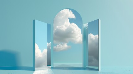 Three vertical mirror shapes and a white cloud are used to create this 3D render of an abstract minimal blue background