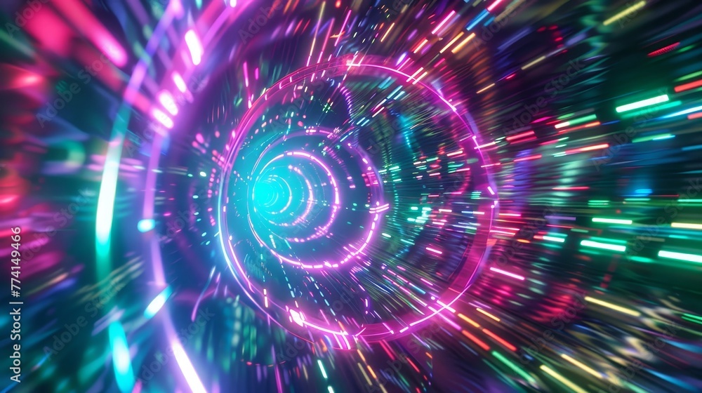Aufkleber hyperspace tunnel going down in 3d, abstract background with bright neon rays and glowing lines.