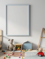A tranquil nursery setting featuring a minimalist frame against a neutral wall, complemented by soft stuffed animals and wooden toys, exuding a calming and elegant ambiance.