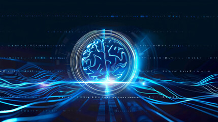 artificial intelligence concept, of a digital blue glow brain with connect digital waves flow on blue, human brain, generative ai