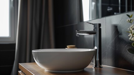 Fototapeta na wymiar Elegant, high-quality tall basin mixer tap in a minimalist bathroom, a close-up on the modern design that sets the standard for luxury