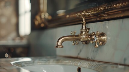 Elegant close-up of a vintage faucet tap, wall-mounted in a high-quality bathroom, embodying inspired design and timeless appeal