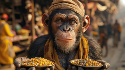 Chimpanzee enjoying a delicious meal - obrazy, fototapety, plakaty