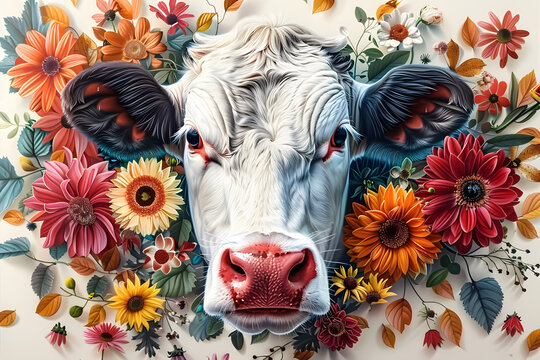 a painting of a cow's face surrounded by colorful flowers and leaves on a white background with a red nose.