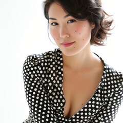 Close-up of a Pretty Young Japanese Woman in Polka Dot Wrap Dress and Wedges, radiating vibrancy with a joyful aura photo on white isolated background