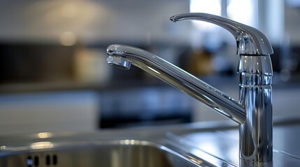 Close-up on a chrome 3-hole basin tap, reflecting high quality and innovative design, set in an inspired, modern kitchen setting - obrazy, fototapety, plakaty