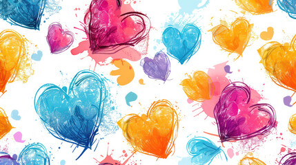 En un fondo blanco, varios corazones dibujados con lápices de colores y con una textura de garabato varios corazones emparejados, algunos entrelazados con mucho espacio en blanco - obrazy, fototapety, plakaty