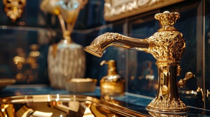 Close-up of a vintage gold tall basin mixer tap, showcasing its high quality and intricate design inspired by timeless elegance