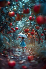 Diorama of Snow White and the seven dwarfs playing in an apple orchard during rain.