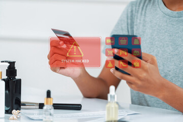 Customer watching hologram interface warn danger of credit card hacked while using cashless...