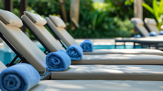 set of lounge chairs with light-colored cushions, each adorned with a rolled-up blue towel. They are arranged outdoors, near a pool, with greenery in the background