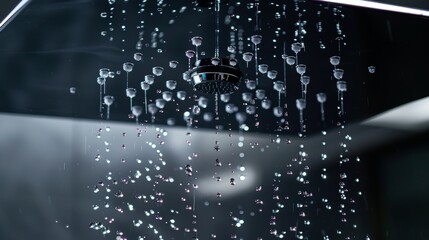 Close-up of a luxury rain shower head, water cascading down in a serene flow, embodying high-quality, inspired bathroom design - obrazy, fototapety, plakaty