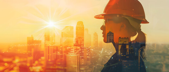 Civil engineer portrait, hardhat, double exposure cityscape background Skyscraper silhouettes, urban construction concept
