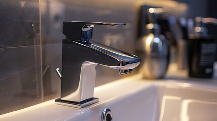 Close-up of a high-quality, tall black basin mixer tap in a sleek bathroom, embodying the pinnacle of inspired design and functionality