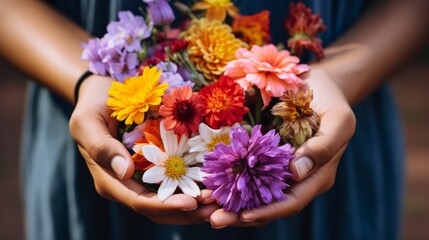 Bouquet of colorful flowers in the hands of a girl.