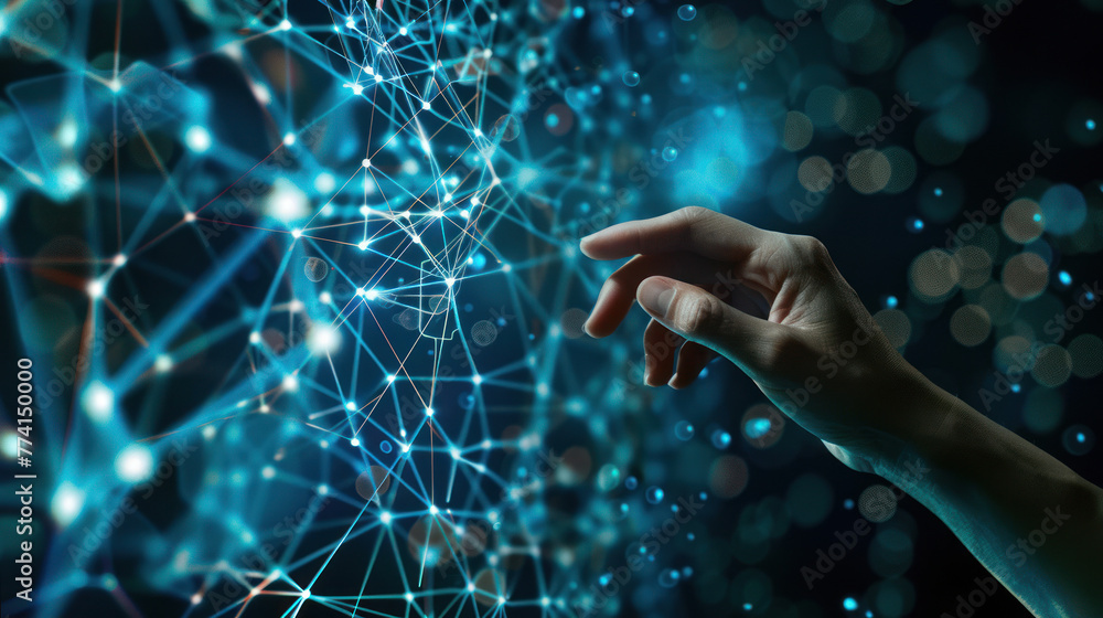 Poster a human hand appears to touch a complex network of connected points and lights, symbolizing digital 