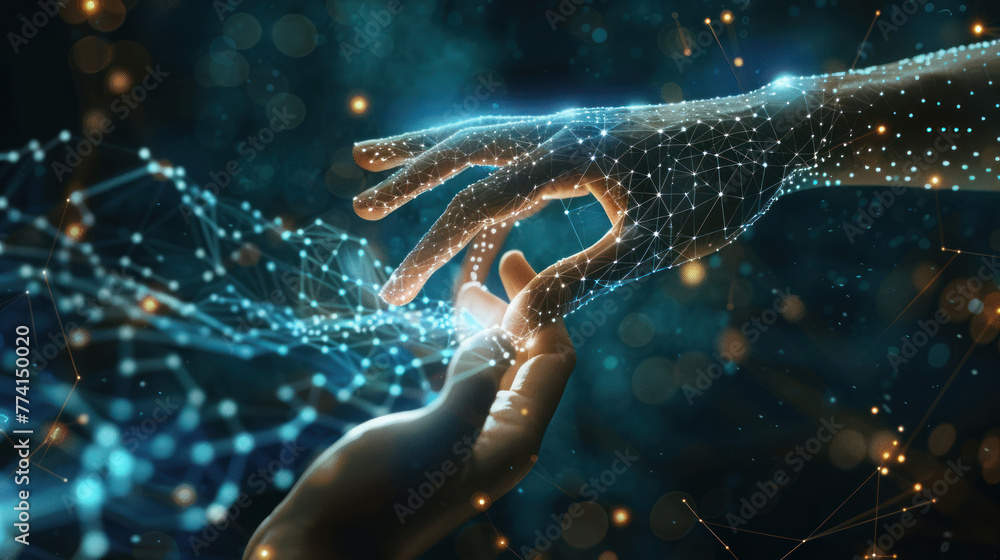 Poster two human hands reaching towards each other amidst a flow of digital data points and light streams