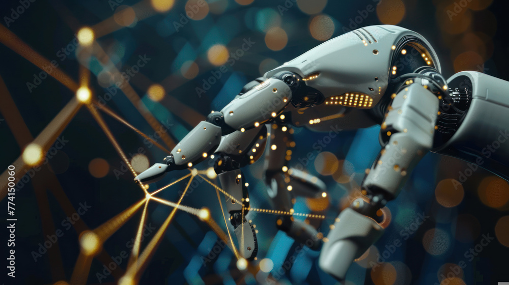 Poster depicting advanced technology, a robot arm interacts with glowing network nodes highlighting connect