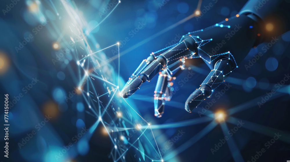 Aufkleber this image shows a robotic hand touching a network of glowing digital nodes, symbolizing advanced te