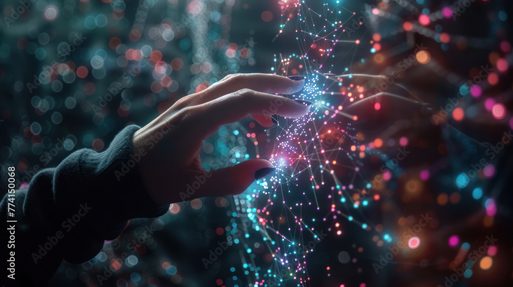 Poster close-up view of a human hand interacting with a futuristic network of glowing nodes and connections