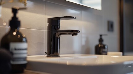 Close-up of a high-quality chrome monobloc tap in a modern bathroom, showcasing the sleek design and inspired functionality