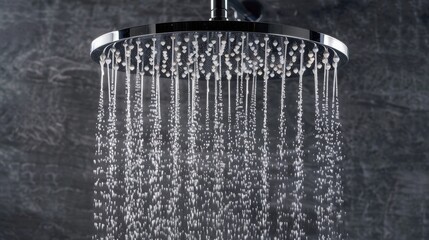 Close-up of a classic rain shower head, droplets suspended mid-air, showcasing high-quality design inspired by timeless elegance