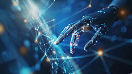 This image shows a robotic hand touching a network of glowing digital nodes, symbolizing advanced technology and connectivity