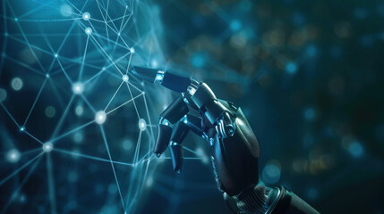A robotic arm extends towards a complex and intricate digital network representing artificial intelligence and machine learning