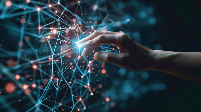 A single touch illuminates a mesh network, illustrating concepts of digital interaction