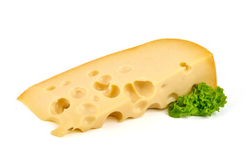 Emmental cheese, Swiss cheese, isolated on white background. High resolution image