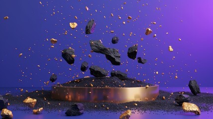 A 3D render of a modern showcase with an empty square podium, isolated on a blue violet background. This showcase shows black rocks and cobblestone debris as well as golden nuggets levitated in