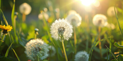 Sunlit dandelion field with soft focus background - obrazy, fototapety, plakaty