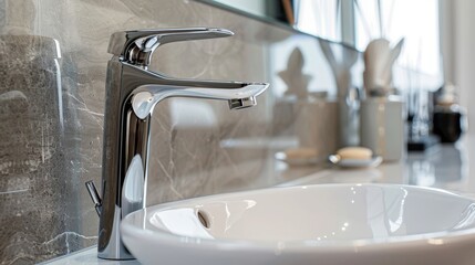 A detailed close-up of an elegant, tall basin mixer tap in chrome, illustrating the pinnacle of inspired, high-quality bathroom fittings - obrazy, fototapety, plakaty
