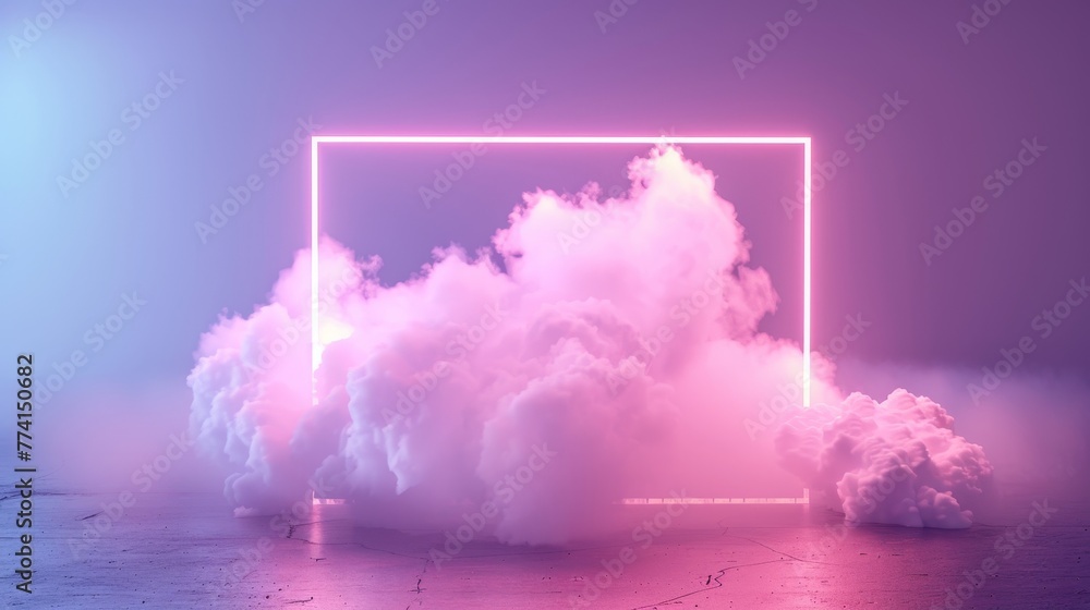 Poster 3d rendering of pastel clouds and blank linear square frames glistening in neon light. simple geomet