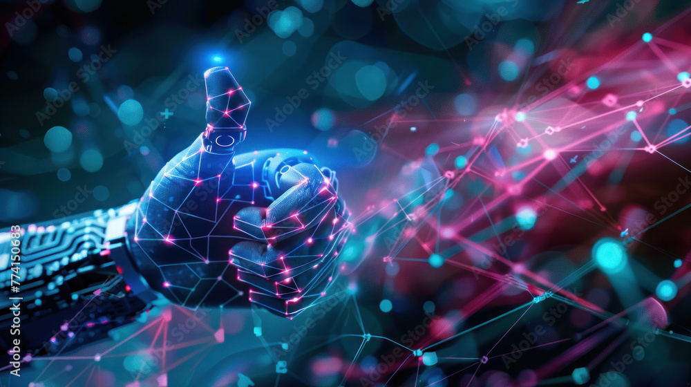 Poster a concept image of a cyborg hand interacting with a futuristic interface, enhanced with neon light e