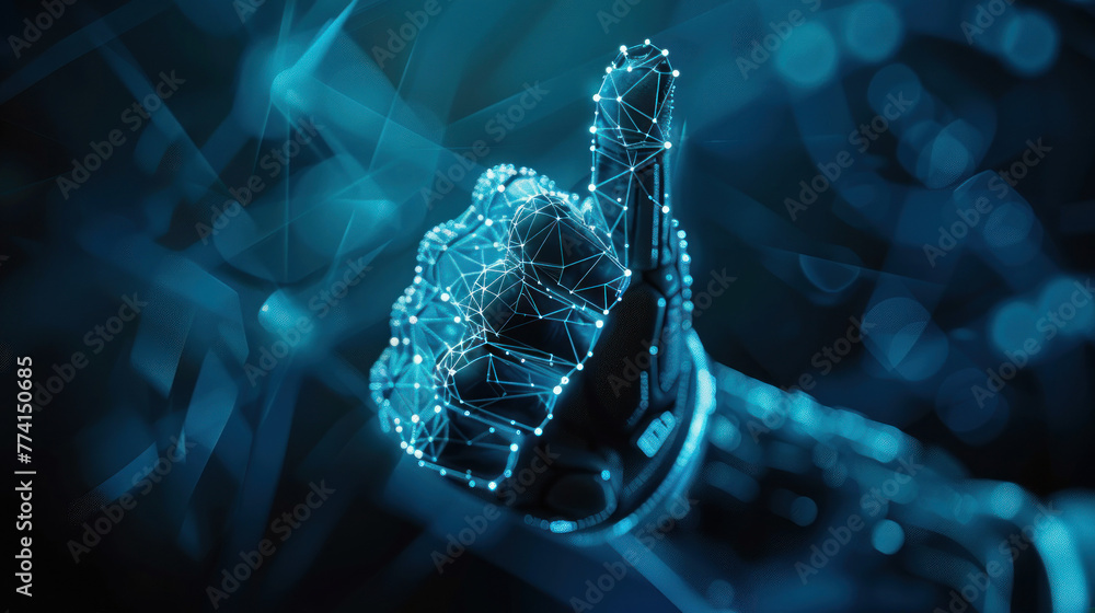 Poster an artificial intelligence themed image of a cybernetic hand reaching out amidst blue illuminated ne