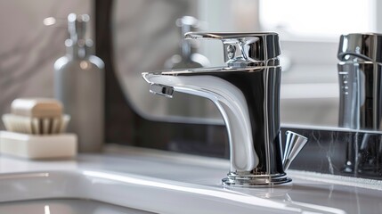 An inspired close-up of a luxurious chrome tall basin mixer tap, highlighting the pinnacle of bathroom design and quality craftsmanship - obrazy, fototapety, plakaty