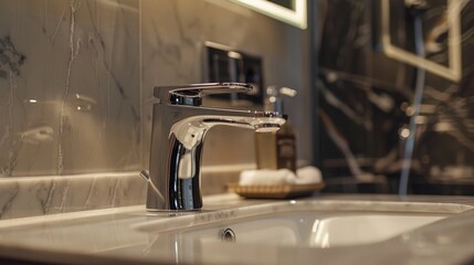 An inspired bathroom setting with a close-up on a luxurious black sink faucet, highlighting its ideal, high-tech sensor operation